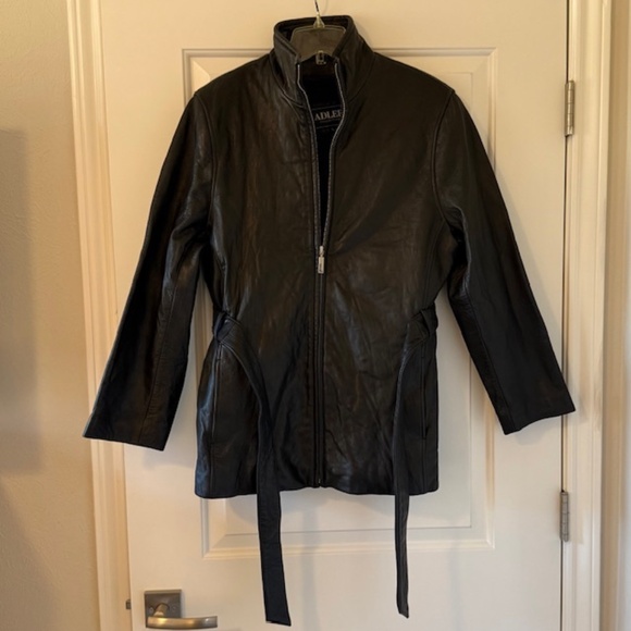 Adler Collection Womens Black Lambskin Leather Full Zip Coat with Belt, Large - Picture 2 of 13